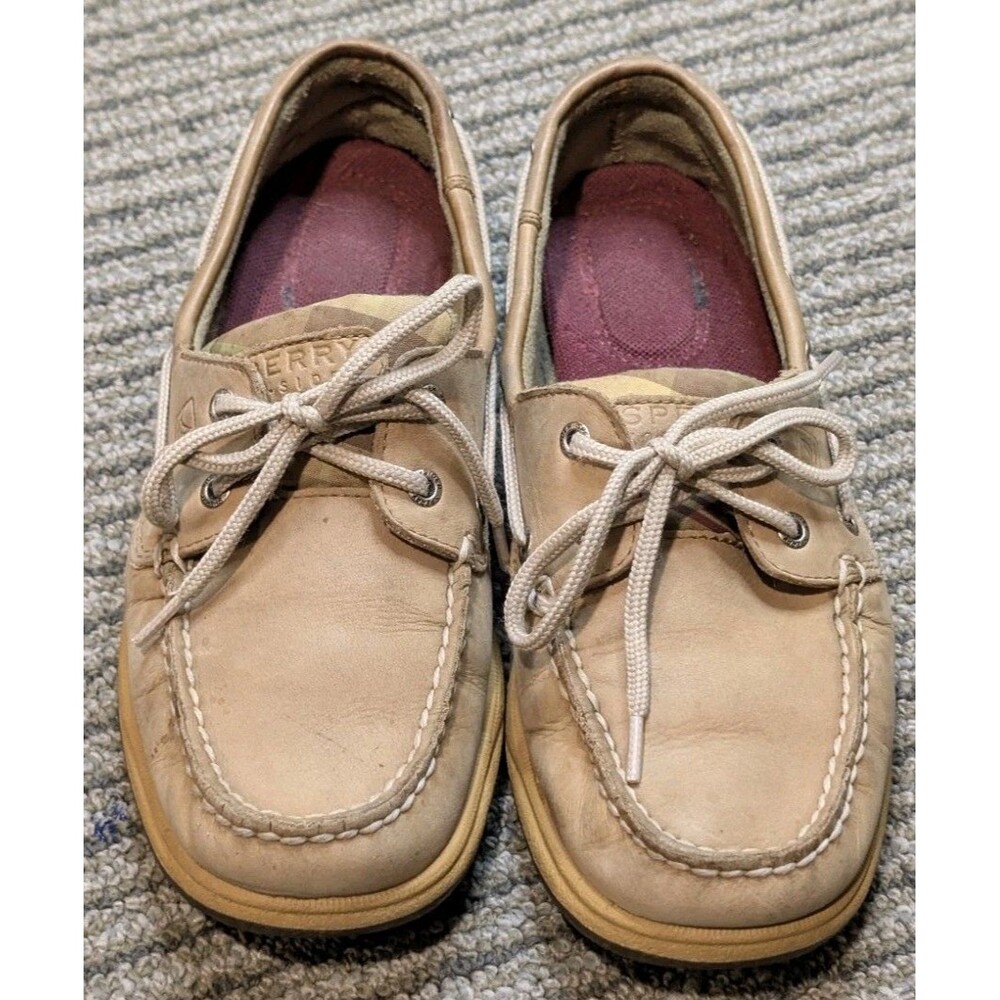 Sperry Top-Sider Women's Tan Leather Boat Shoes Plaid Accents Moc Toe Size 6.5
